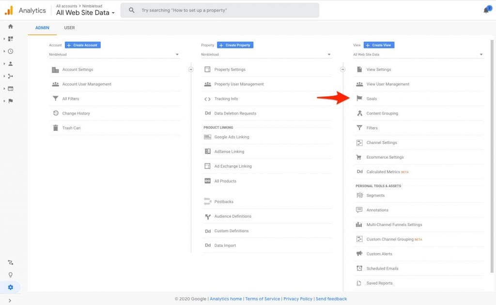 Finding the Goals section in Google Analytics